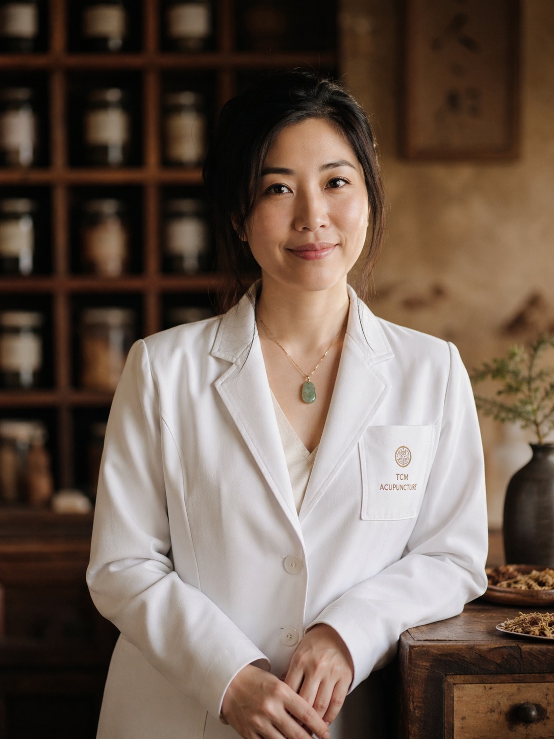 AI-generated portrait of a female TCM practitioner