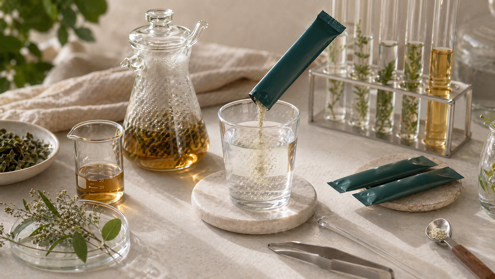 Low-temperature botanical extraction and instant beverage dissolution scene