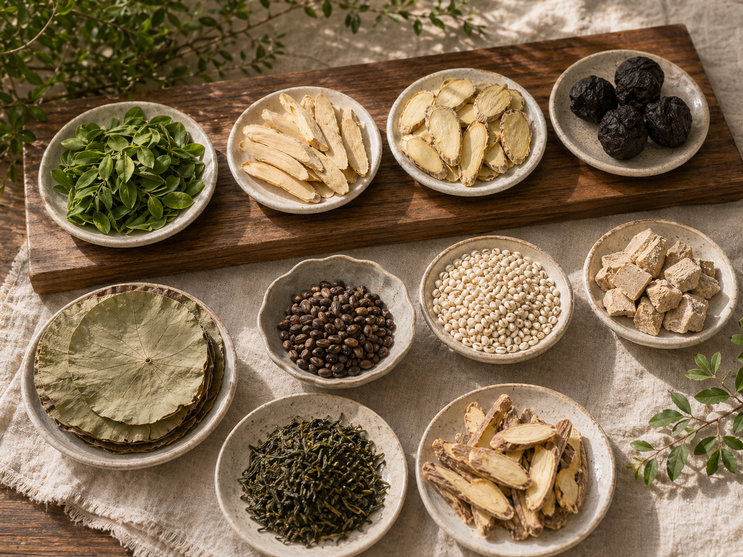 Botanical flat lay with moringa leaf, polygonatum, smoked plum, lotus leaf, cassia seed, barley, pueraria, green tea, and licorice