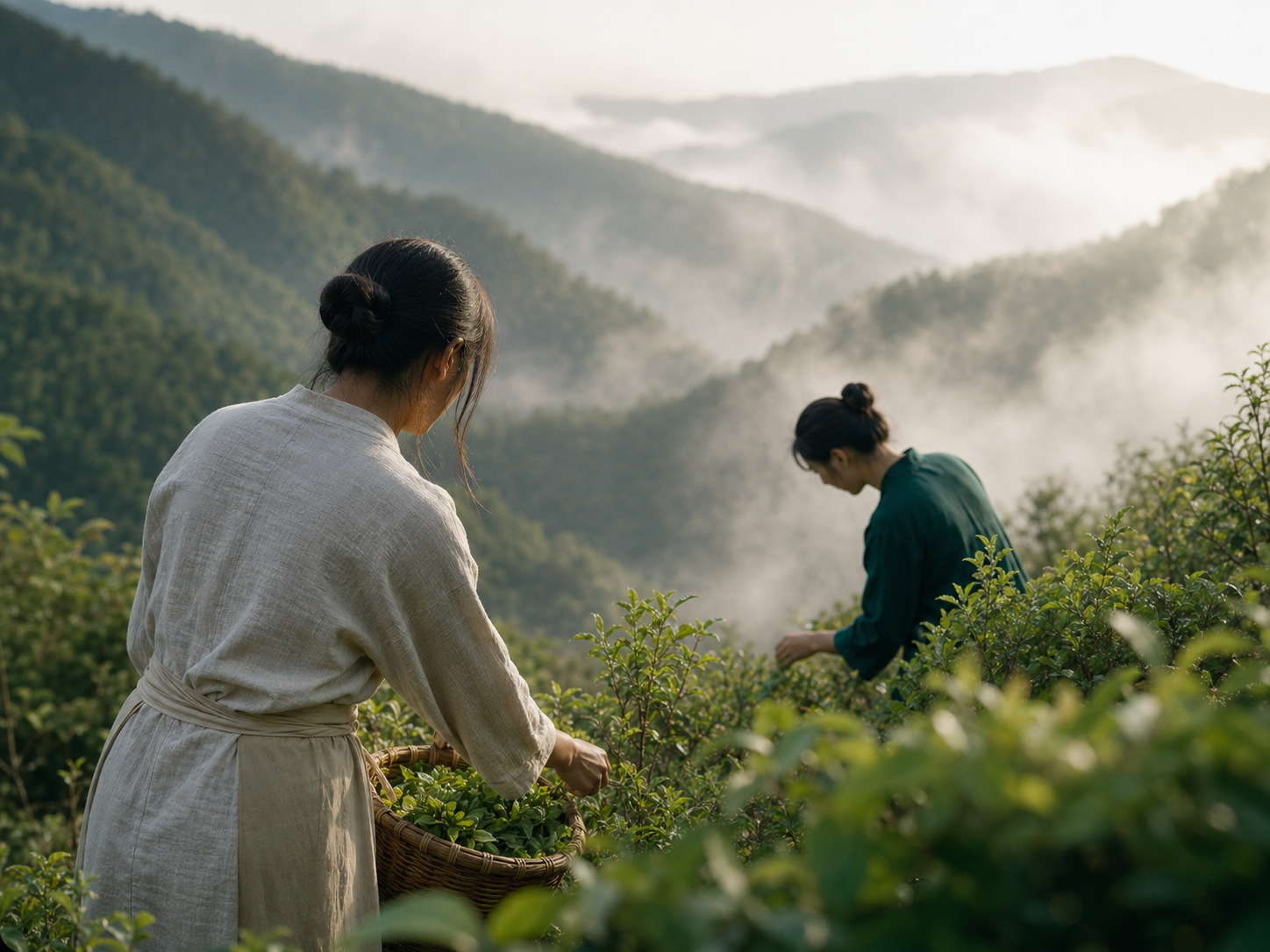 Morning mountain hillside botanical harvest scene with gathered green leaves
