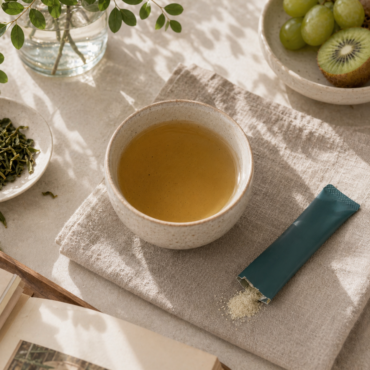 Brewed herbal beverage with teal sachet