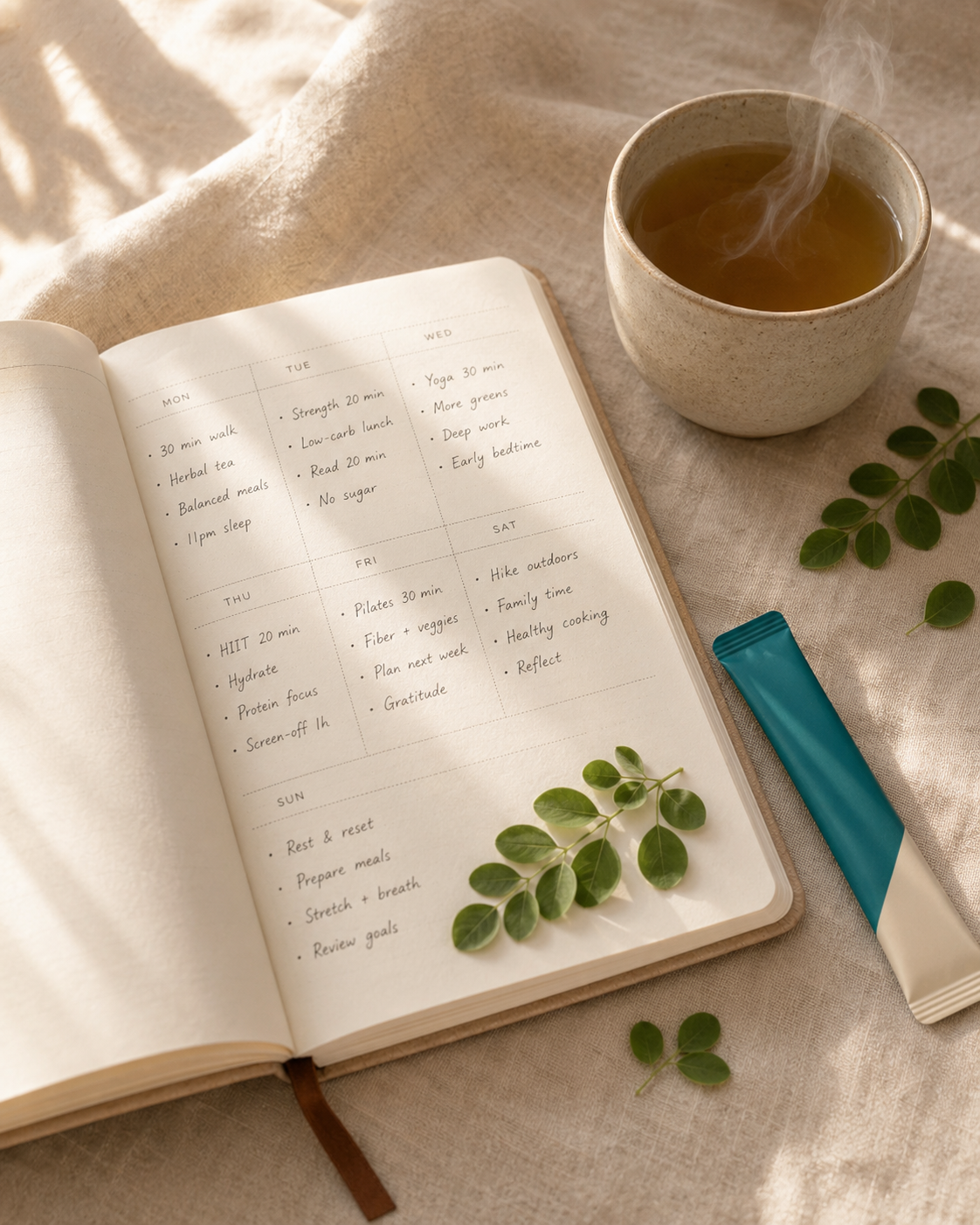 12-week metabolic protocol planning scene with sachets and wellness journal