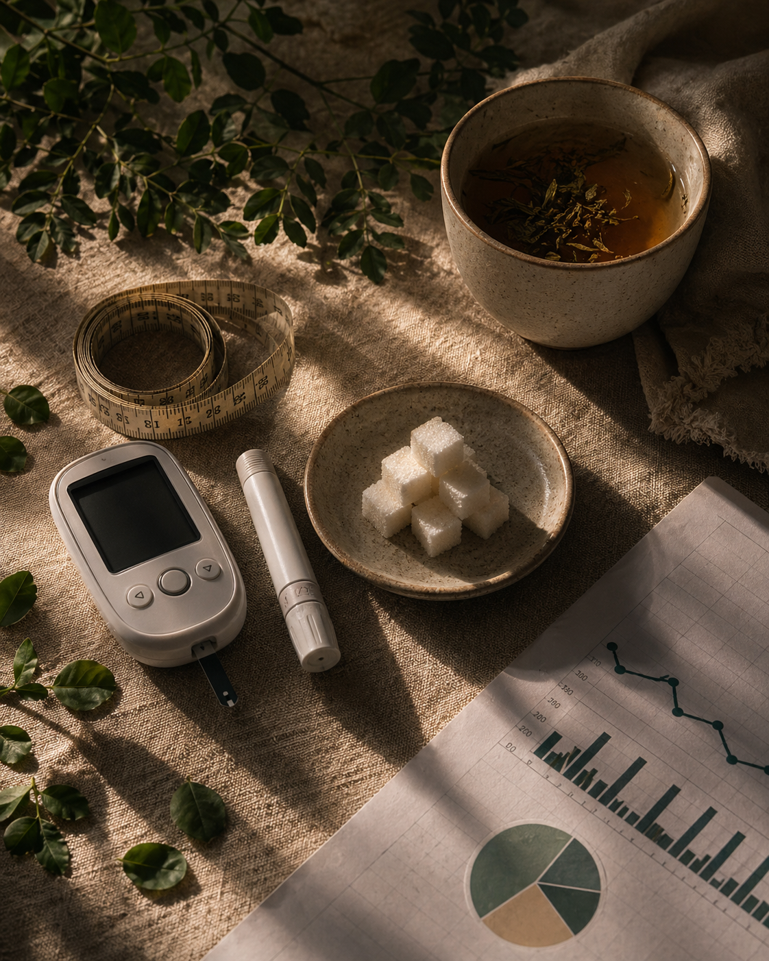 Editorial health-risk still life with post-meal meter, sugar cubes, measuring tape, and reports