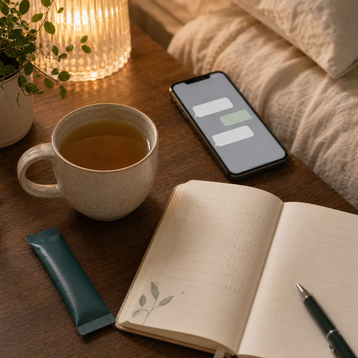 Evening check-in with tea, journal, and phone