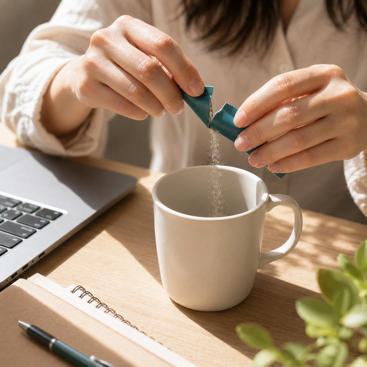 Stick-pack sachet poured into office mug