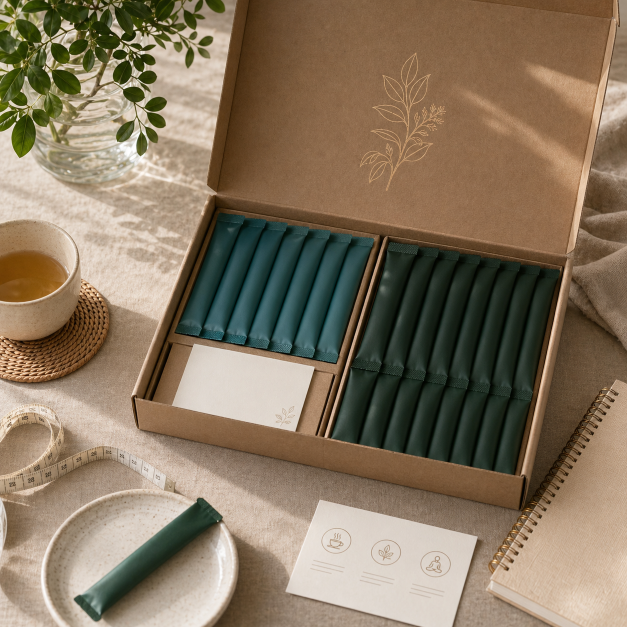 Protocol box with teal and green sachets